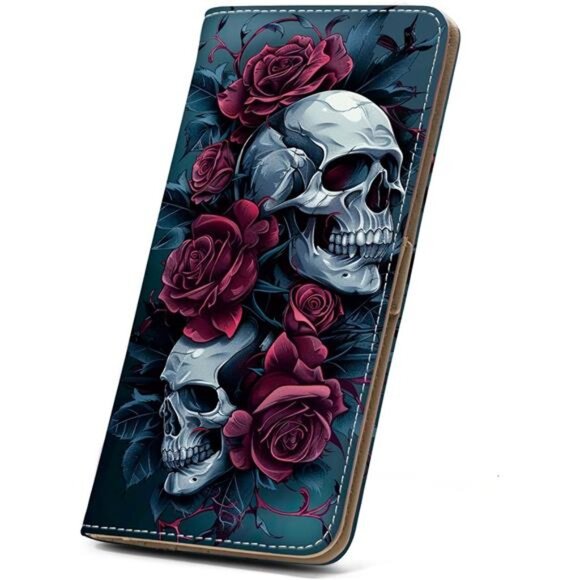 Wallet Women Ultra Slim Thin Leather 2-Rose Skull on Black Blackground - Picture 1 of 6